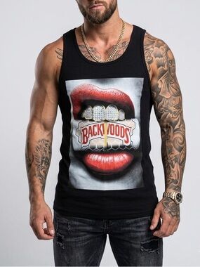 Zuni Tank Top – Size XL – Black – Backwoods Graphic with Lips and Grillz
